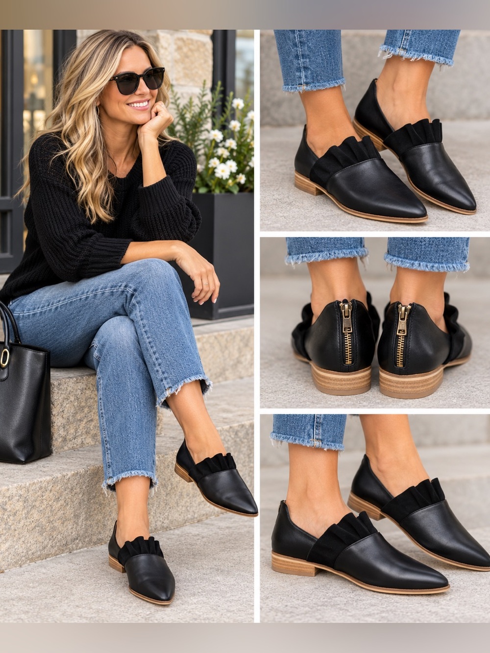 Ccocci Ivy Ruffle Hem Black Pointed-Toe Flats. Chic Size 6 NWOT